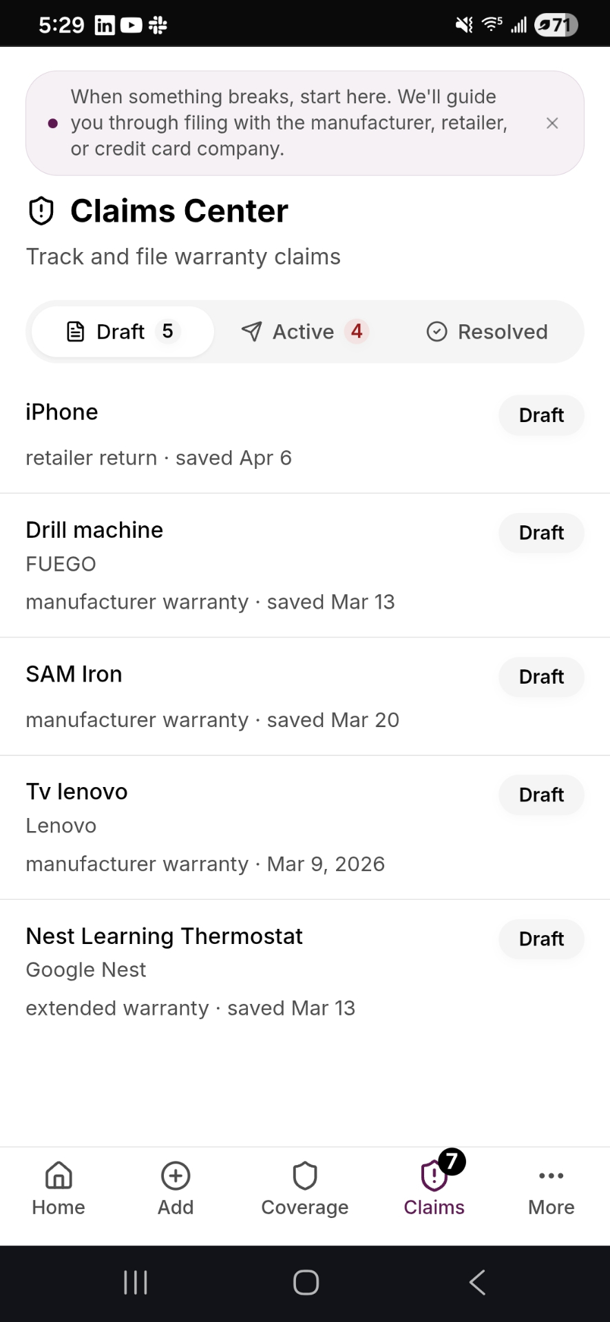 WarrantyPocket Claims Center showing draft and active warranty claims