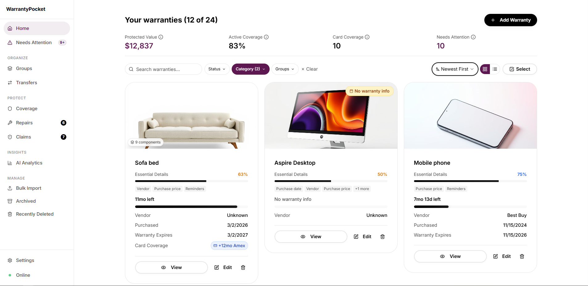 WarrantyPocket dashboard showing 26 tracked warranties with coverage stats