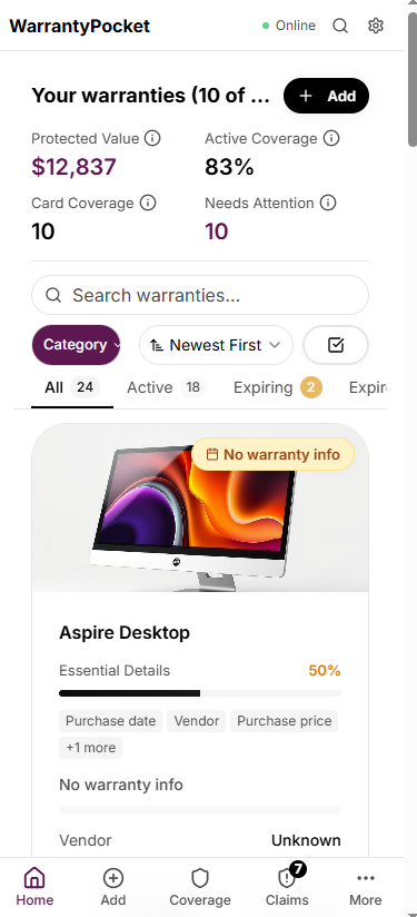 WarrantyPocket mobile dashboard showing tracked warranties