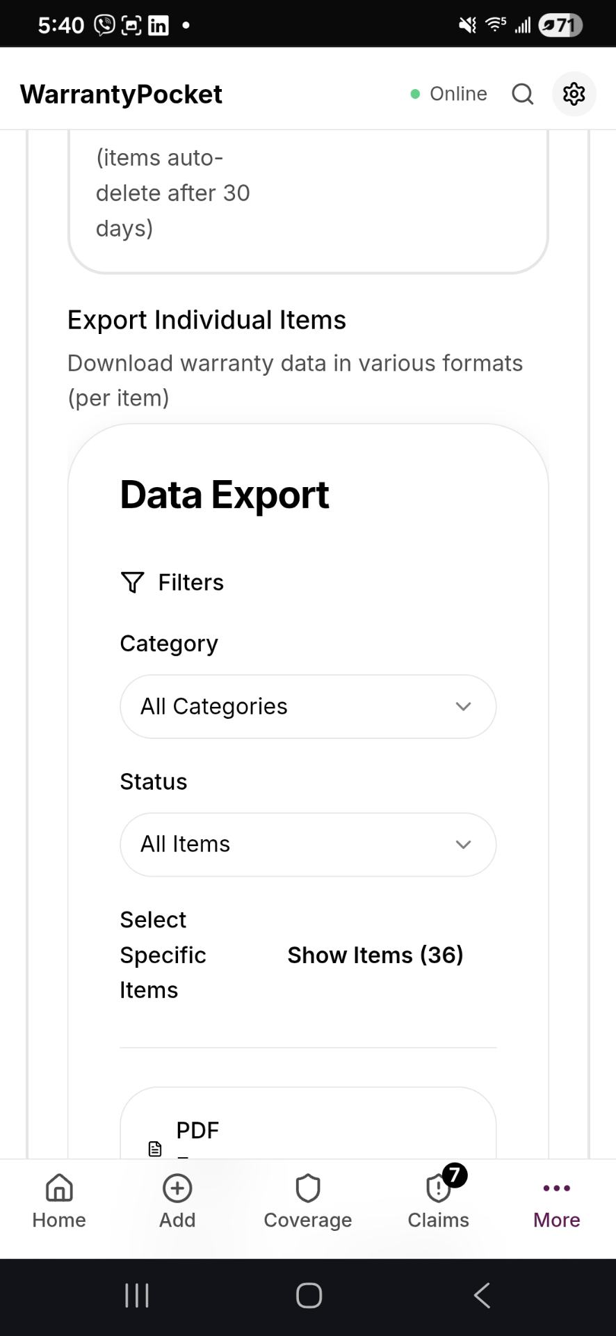 WarrantyPocket Settings page showing data export options with filters and format selection