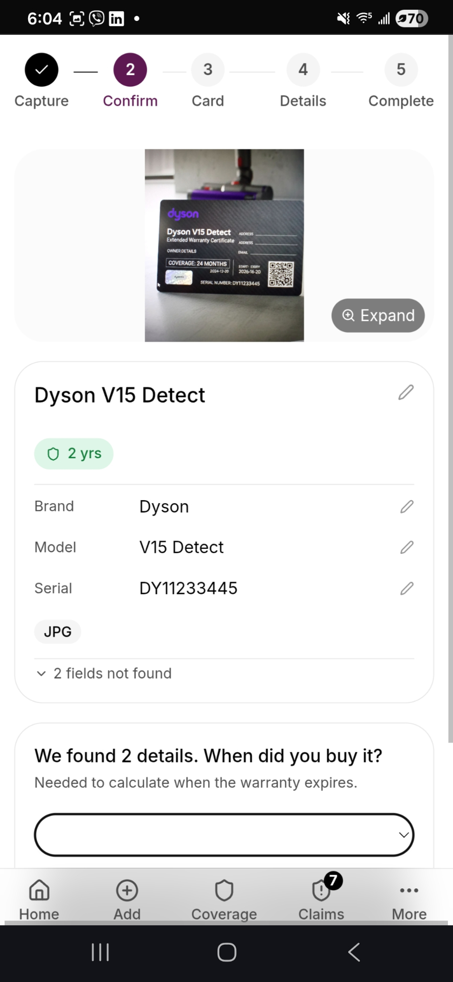 WarrantyPocket capture page showing Dyson V15 warranty extraction
