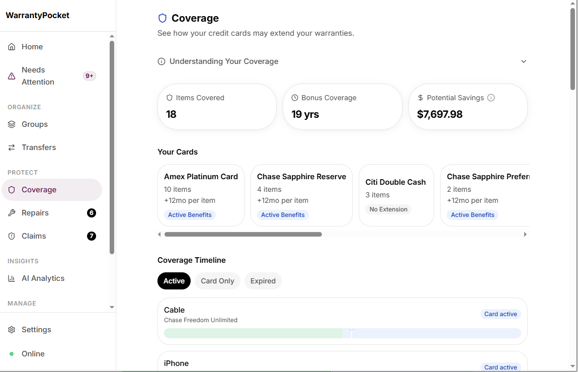 WarrantyPocket Coverage page showing credit card extended warranty timeline with items covered, bonus coverage months, and potential savings stats